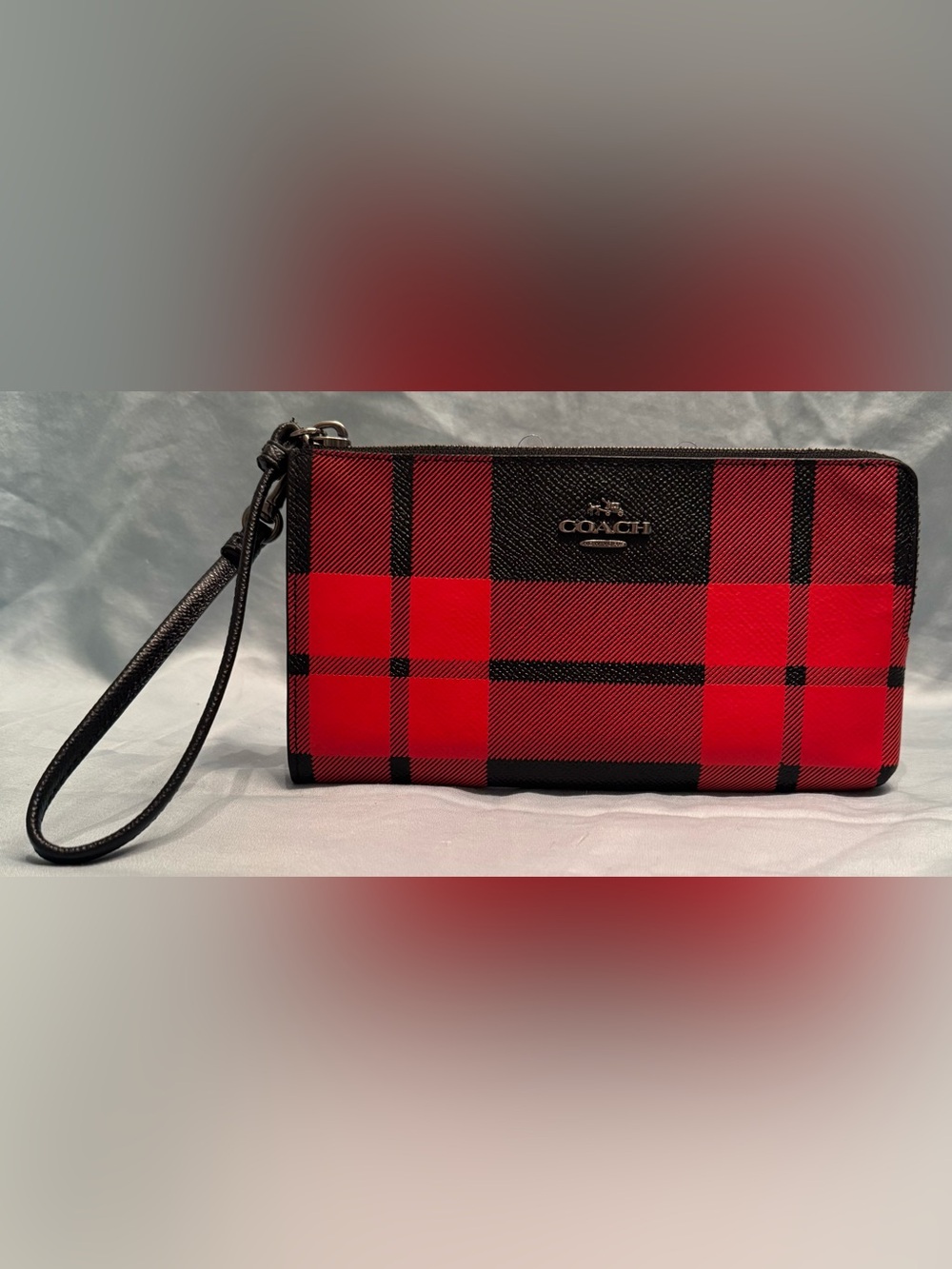 Coach Red and Black Plaid Wristlet